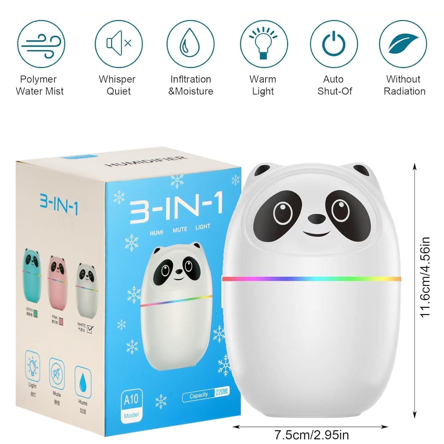 Cool Mist Panda Humidifier With 7 Color Night Light Mist Spray For Room Moisture